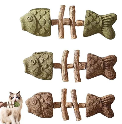 3PCS Cat Dental Health Chew, Natural Fishbone Shape Teething Toy with Catnip, Durable Feline Tooth Care Tool