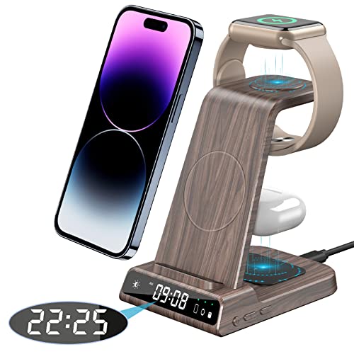 Wireless Charging Station for Apple Multiple Devices, 3 in 1 Wireless Charger with Clock for iPhone 15 Pro Max/15 Pro/15/15 Plus/14 Pro Max/13/12, AirP od Pro 3/2, Apple Watch Stand for iWatch Series
