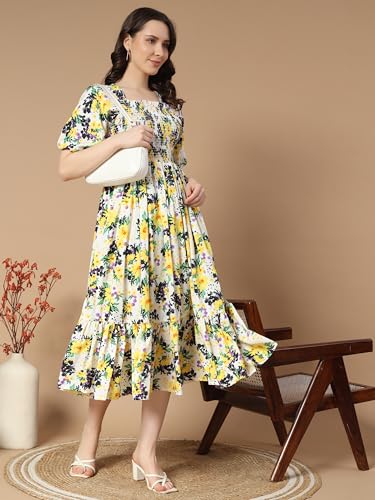 Kzully Women's Crepe A-Line Midi Dress (1001-White-Yellow-Flower-L_White