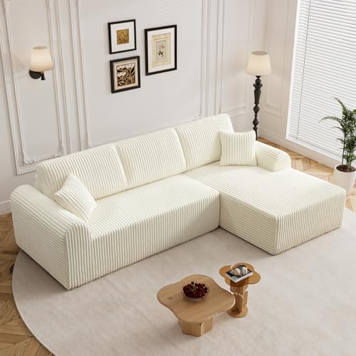 Image of 110 inch L Shaped Boneless Sectional Couches for Living Room, Comfy Corduroy Floor Cloud Sofa with Chaise, Wide Armrest, Deep Seat, Memory Foam, Assembly Free, Ideal for Small Spaces, Beige