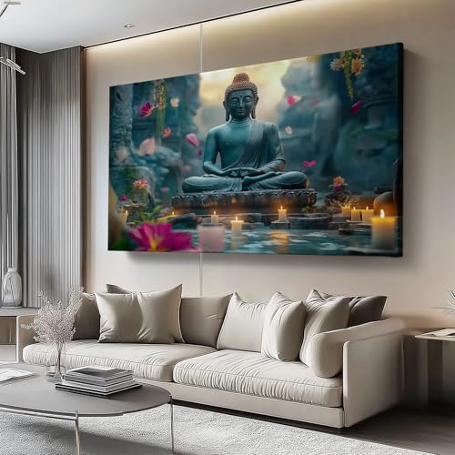 Cuadro sobre Lienzo Estatua tradicional de Buda Escena zen decorativos Sobre Lienzo Moderno 70l x50an cm Sin marco Cuadros Decoracion Salon Dormitorio Cocina Cuadros Pared Verde oscuro Amarillo cálido