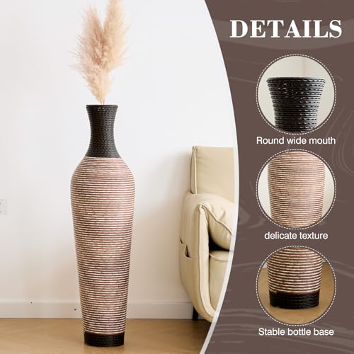Image of Large Hand-Woven Bamboo Floor Vase, Tall Home Decor Floor Vase for Fake Flower Dried, Flower Holder for Living Room, Bedroom, Dining Room, Entryway, Hallway (Pattern Black Brown, Bottle)