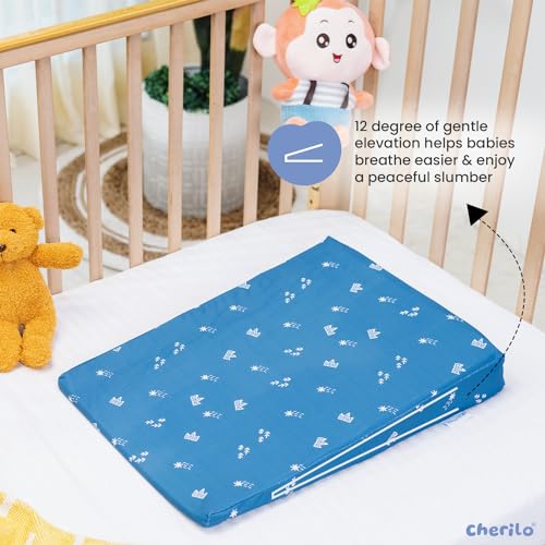 Image of Cherilo Standard Elevated Wedge Baby Pillows for New Born, Pillow for Kids, Crib & Mattress, Prevents Acid Reflux, Colic, GERD, Heat Burn & Vomiting, 14 inch x 19 inch x 3.5 inch, with Cover, Star Design, Blue