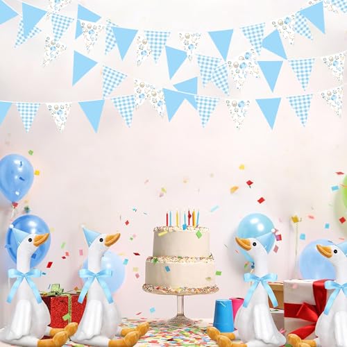 Image of 32Ft Goose Party Decorations Blue Gingham Plaid Silly Goose Themed Fabric Banner Triangle Pennant Flag Garland Streamers for Kids Boys Farm Animals First Birthday Baby Shower Duck Garden Supplies