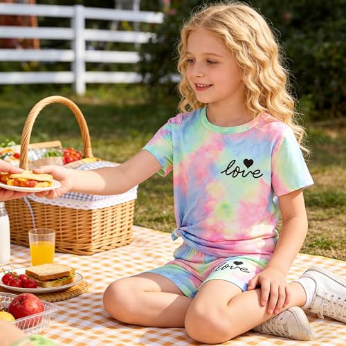 Image of Kids Girl Clothes Tie Dye Heart Print Short Sleeve Top and Shorts Toddler Girl Summer Outfits Short Set