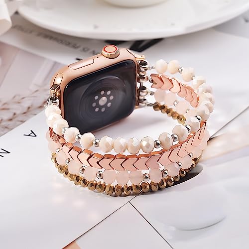 Image of MOFREE Beaded Bracelet Compatible with Apple Watch Band 38mm /40mm /41mm /42mm, Fashion Elastic Stretch Women Bands for iWatch Series 11 /10 /9 /8 /7 /SE /6 /5 /4 /3 /2 /1 iPhone Watch Strap Bands Pink