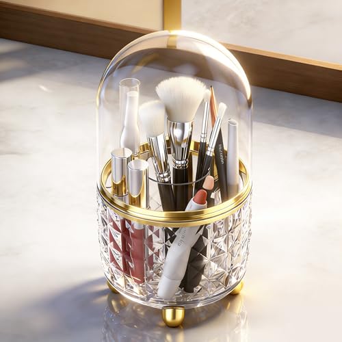 Image of GOTOBA 360 Rotating Pencil Holder for Desk, Makeup Brush Holder with 6 Slots, Desk Organizer for Writing Utensil, Office and School Supplies (Clear with cover)