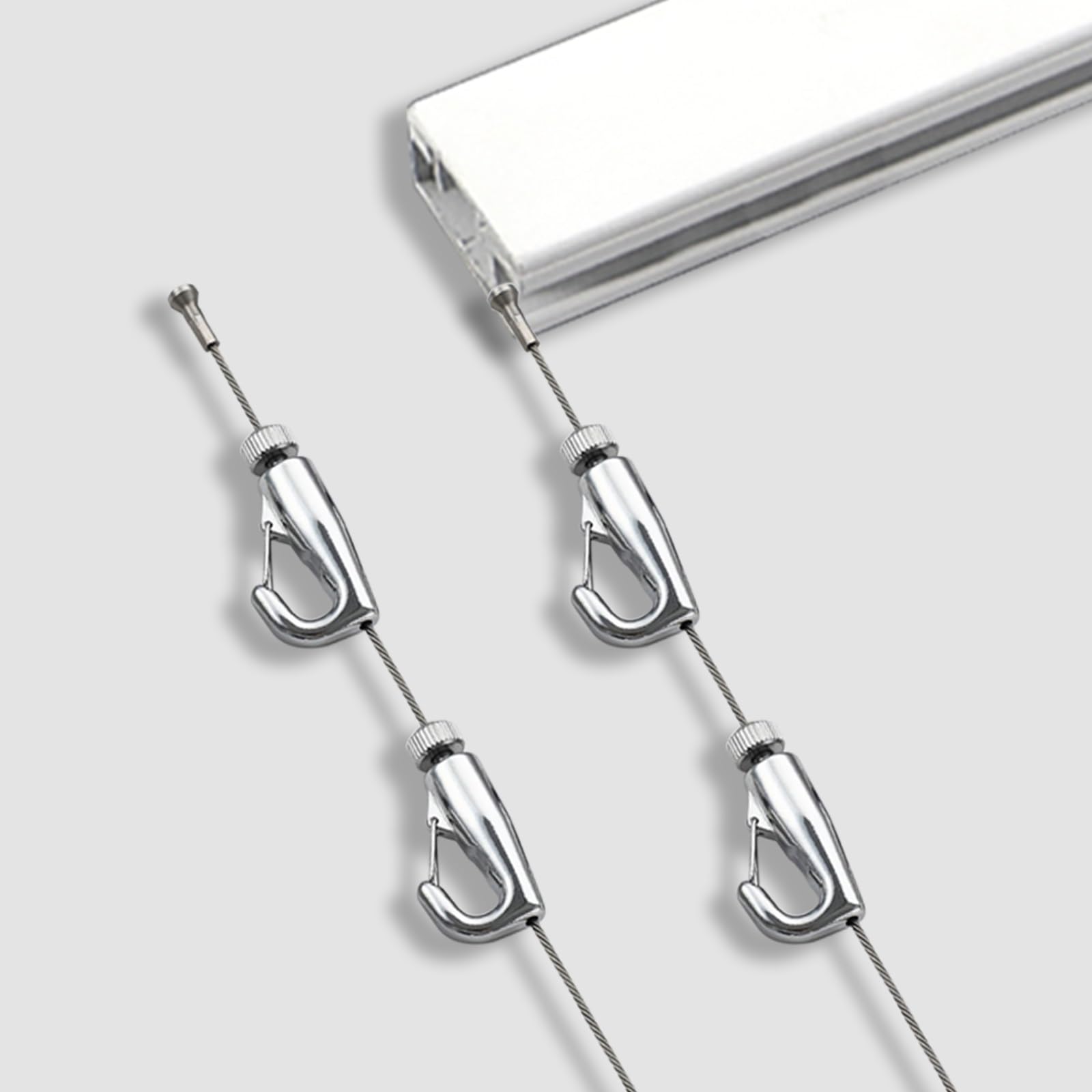 Verstellbares Bilderschienensystem aus Aluminium mit Stahlseilen, 140 cm Schiene, 11 mehrfarbige Haken für die einfache Präsentation von Kunstwerken – die perfekte Lösung für Ihre Wohnräume.