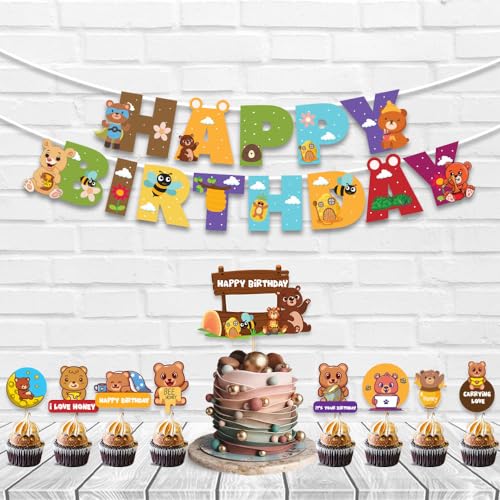 Image of Festiko Set of 10 Pcs Bear Theme Happy Birthday (Banner, Cake & Cupcake Toppers), Bear theme birthday decorations
