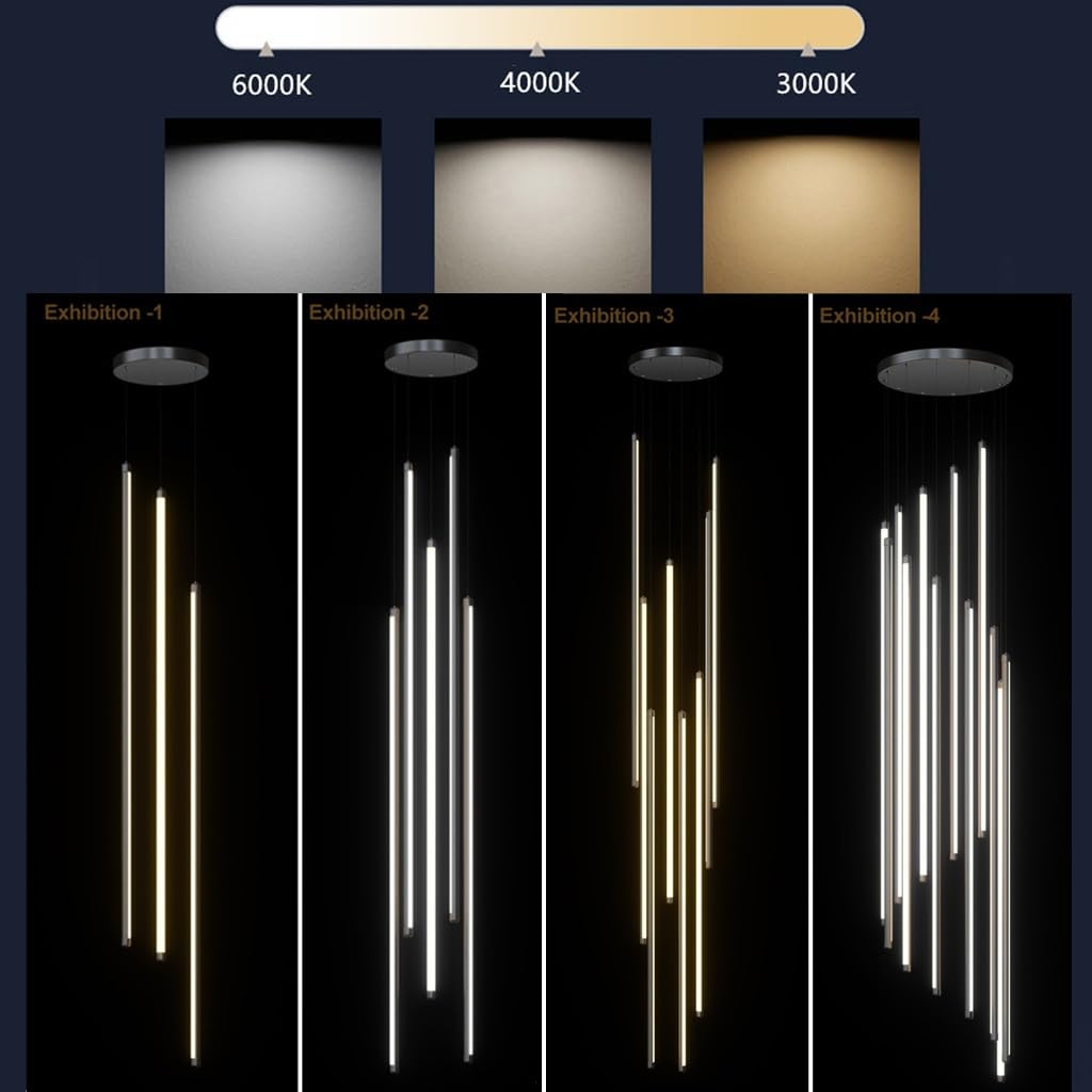 Lampa Wisząca LED Na Klatkę Schodową Nowoczesne Obrotowe Długie Żyrandole Ściemnialne Aluminiowe Wiszące Oświetlenie Sufitowe Regulowana Lampa Sufitowa(Infinite dimming,3-head 100CM)