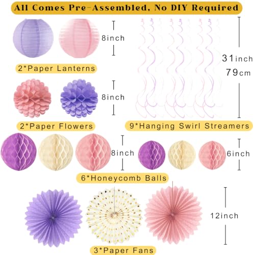 Image of Pink Purple Birthday Decorations for Women Girls, Pre-Strung, 24pcs | Happy Birthday Banner, Honeycomb Balls, Paper Flowers, Lanterns, Streamers, Dots Garland for Happy Birthday Party Decorations