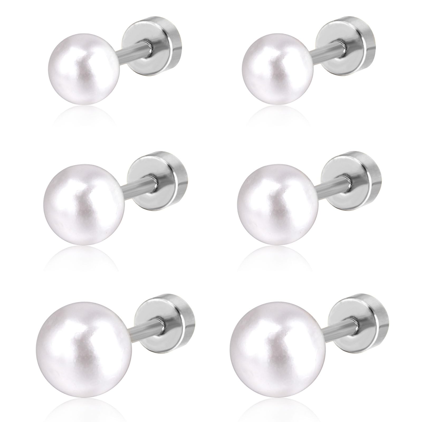 3 Paare Kleine Perlenohrringe Ohrstecker mit Flachen Schraube Zurück, 4/6/8mm Hypoallergene 316L Chirurgische Edelstahl Perle Knorpel Helix Ohrringe Schmuck Geschenk für Frauen und Mädchen