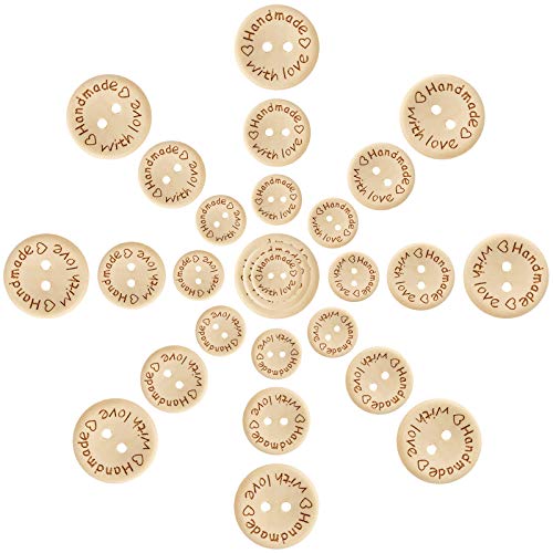 Pinowu 150 unidades Botones de costura de madera hechos a mano con amor para manualidades, 2 agujeros, 15-20-25mm Cover