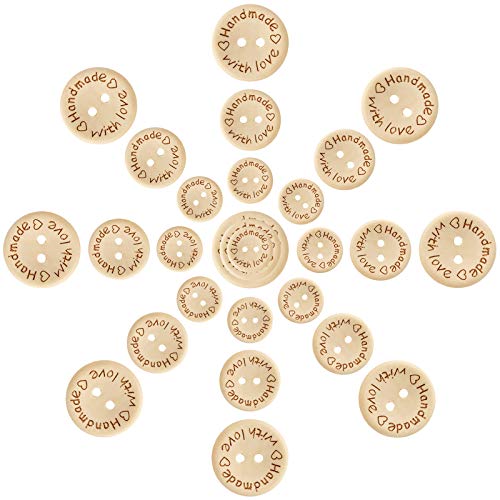 150pcs Pinowu Wooden Buttons (15-20-25mm) Handmade with Love Round Craft Décor 2 Holes Wood Sewing Buttons for Hat Shirt Clothes Decoration