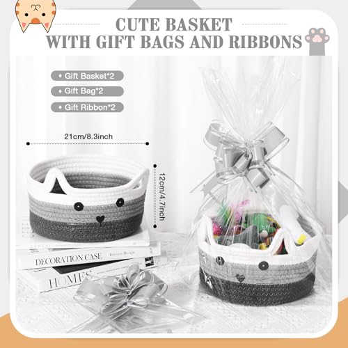 Image of Zopeal 2 Pack Small Cat Woven Basket with Gift Bag and Ribbon, Empty Decorative Gift Basket, Toy Cotton Rope Storage Organizer for Nursery Baby Shower Birthday 8.3 x 4.7 Inch(Mix Gray)