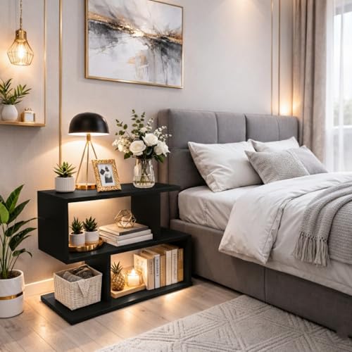 Image of SPYDER CRAFT Modern Engineered Wood Bedside Table Nightstand with Storage Shelves, Space Saving Side Table, Small Bedroom Furniture, Multi Tier End Table for Living Room- Black DIY(Do-It-Yourself)