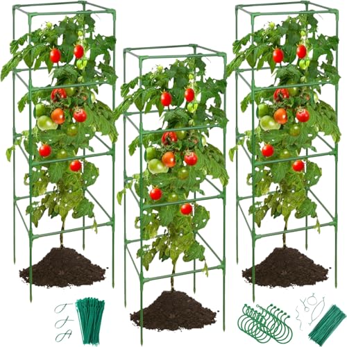 Jesosia 3 Pack Tomato Cages for Garden - 48" Square Tomato Cage for Pots & Raised Garden Bed - Heavy Duty Tall Tomatoes Trellis Plant Stakes Support for Vertical Climbing Plants Vegetables & Flowers