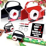 2-in-1 Wrapping Paper Cutter & Tape Dispenser, Christmas Gift Wrap Cutter Tool with 4 Tapes & Replaceable Blades, Fast Straight Cutting Tool for Holiday & Birthday Wrapping Kits