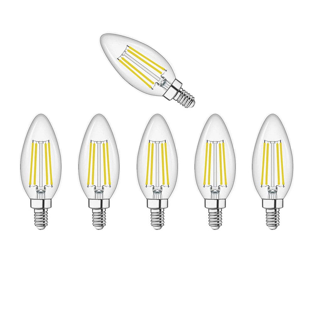 Zyujia Light/White E14 Led Candle Bulbs,C35 Small Screw Candelabra Led Bulbs Not Dimmable Cool 6500K 6W Filament Bulb (Equivalent To 60W)6 Packs