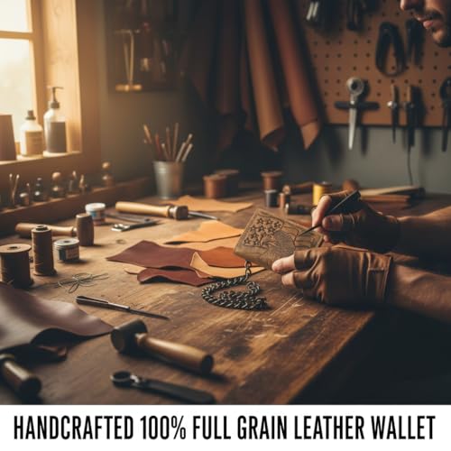 Image of F&L CLASSIC RFID Blocking Men's Tri-fold Vintage Biker Cowhide Leather Steel Chain Wallet,Snap closure, brown,eagle flag,315-101