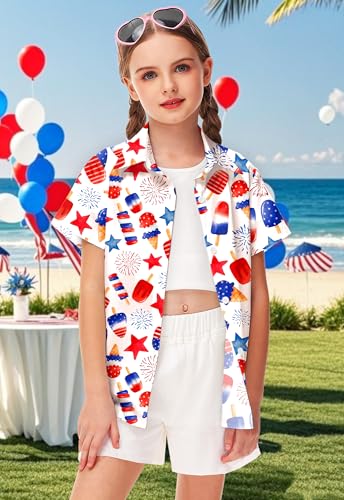 Image of Remimi Unisex Kids 4th of July Button Up Shirt Boys American Flag Print Hawaiian Beach Short Sleeve Tops 5-14 Years