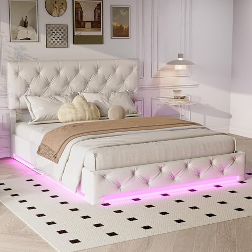 DULRLLY Cama doble tapizada de 160 x 200 cm, con cajón, cama juvenil con espacio de almacenamiento e iluminación LED, estructura de cama con somier, cama funcional hidráulica, camas con somier, camas