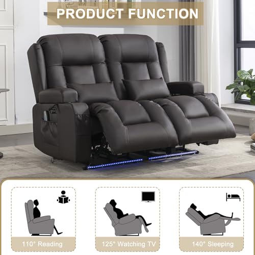 Image of URRED Power Loveseat Recliner Sofa with Massage and Heat, Wall Hugger Reclining Loveseat, RV Couch Home Theater Seating with LED Lights for Living Room (Dark Brown, 54 inch - 2 Seats)