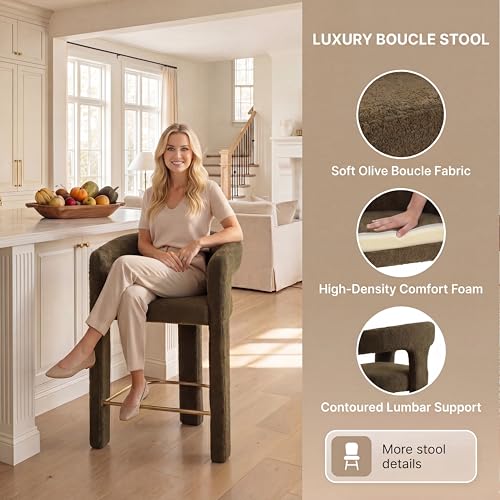 Image of HNY Modern Barrel Bar Stools Set of 3, 26 Inch Upholstered Sherpa Counter Height Bar Stools with Open Back and Armrests for Kitchen Island, Home Bar, Dining Room, No Assembly, Green