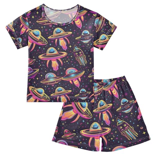 ALAZA Neon Alien Spacecraft Pajamas Set Short Sleeve Cotton Sleepwear Summer Pjs 2 Piece 5-14Y