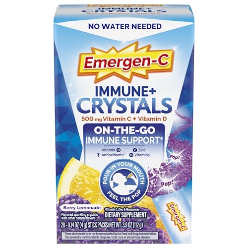 Emergen-C Immune Plus Crystals, On-The-Go Immune Support Supplement with Vitamin C, Vitamin D, B Vitamins, Zinc and Manganese, Berry Lemonade - 28 Stick Packs