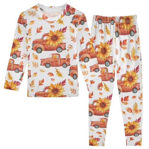 Fustylead Watercolor Retro Red Harvest Car and Sunflower Leaves Pajamas Cotton Sleepover PJ Set Long Sleeve Lounge Wear