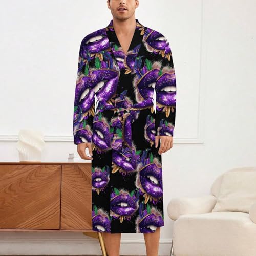 Mardi-Gras Glitter Lips Soft Robe Long Sleeve Bathrobes V Neck Sleepwear Spa Robes with Belt Men Woman2