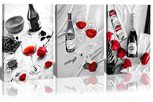 Romantic 3 Panels Canvas Wall Art-Champagne Red Wine Rose Macaron Wall Painting Pictures Artwork Poster Black White Wall Decor Framed Prints for Bar Home 12