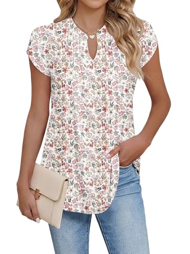 Cuptacc Blouse Femme Chic et Élégant Col en V Tunique Femme Casual plissée Manche Courte Top Blanc Rouge Feuilles Floral, XL 46-48