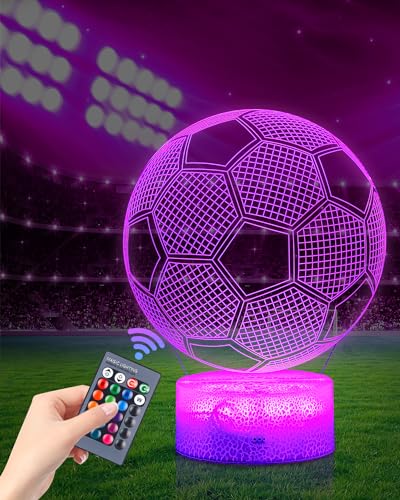 Zawaer Luz nocturna infantil, lampara futbol, 3D LED Lámpara Luz de noche con control remoto,16 cambiar el color LED Touch Luz de noche, Regalos Cumpleaños para Navidad Decoración para Niños