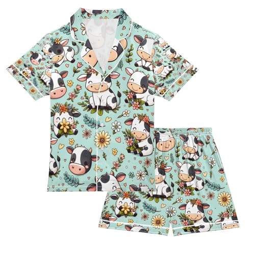 senya Cute Cow C Satin Summer Pajama Sets Silk Short Sleeve Button Down Sleepwear