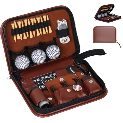 Golf Accessories Kit, Golf Stuff Set with Leather Case, Golf Balls, Golf Tees, Golf Brushes, Rangefinder, Scorer, Ball Marker, Golf Clips, Golf Divot Tool, Golf Gifts for Men Women Golfers