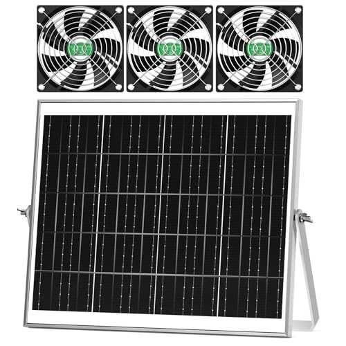 pqins Solar Greenhouse Fan 3 Kit, 30W Large Solar Powered Exhaust and Intake Fan Outdoor Waterproof, Strong Airflow, 16.5ft Cord, for Chicken Coop Grow Tent Shed Air Ventilation and Circulation