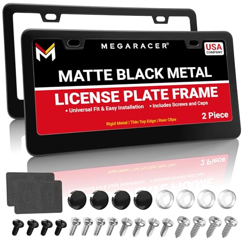 Premium Matte Black License Plate Frames – 2 Pack, Rust-Free Stainless Steel, Rattle-Free, Universal with Screw Caps, Slim-Top & Wide-Bottom Design, Thin Rigid Metal Front & Rear Car Tag Holders