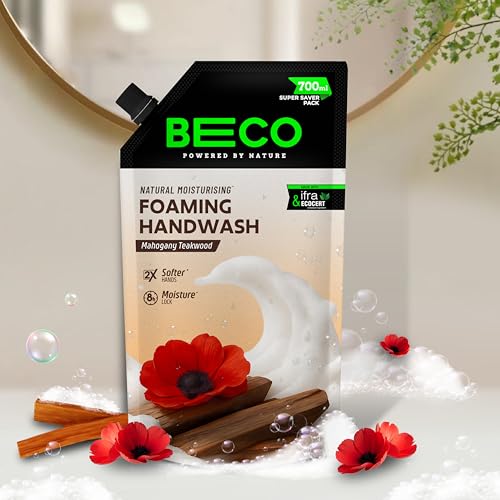 Image of Beco Moisturising Foaming Handwash-Mahogany Teakwood | Refill Pack - 700 ml | 8-hr moisture lock | Natural, Paraben free, Chemical Free | Kills 99.9% germs, Safe for all Skin types