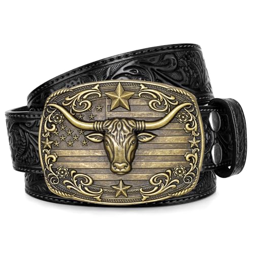 Image of SANSTHS Western Cowboy Belts for Men Women, Mens Western Belt Bull Buckle Country Belt Cowboy Leather Belt for Jeans
