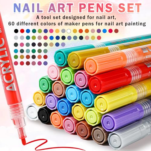 Image of IONSGAKO 60 Colors Nail Art Pens Set, Nail Polish Markers Pens Quick Dry | 3D Acrylic Paint Nail Art Markers for Nails Drawing Painting Dotting Liner, Home DIY Nail Art Design Kit Manicure Tools