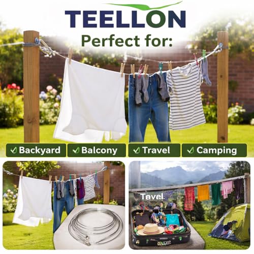 Image of 3 Meter (3mm) Heavy Duty Stainless Steel Clothesline Wire Rope with Carabineer Hooks, Portable Rustproof Laundry Drying Rope Cable for Balcony Garden Home Indoor Outdoor Uses (3 Meter)