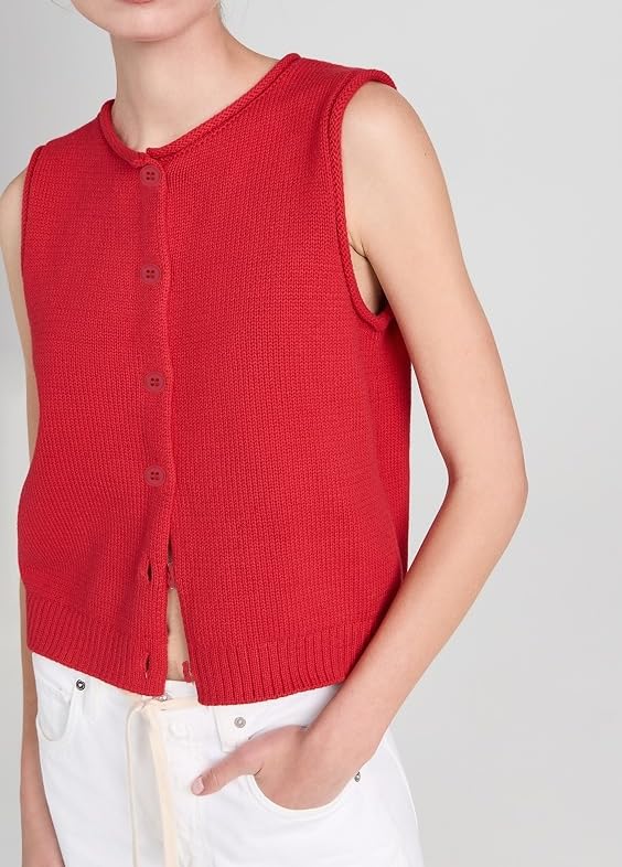 Image of EZAPINE Women Knit Sweater Vest Lightweight Button Down Crew Neck Slim Fitted Sleeveless Cardigan Crop Tank Tops Red M