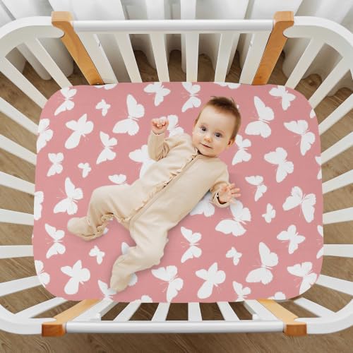 Image of Crib Sheet Breathable Soft Crib Mattress Sheet for Baby Toddler Boys Girls Fitted Pack n Play Crib Sheet Fit Standard Crib Mattress 39 x 27 Inch Pink Butterfly Silhouettes