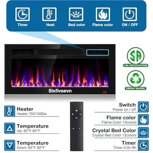 Image of 36 Inch Electric Fireplace Recessed and Wall Mounted, Fireplace Heater and Linear Fireplace, Ultra-Thin Electric Fireplace, Low Noise, with Timer, Remote Control, Adjustable 12 Flame Color, 750 /1500W