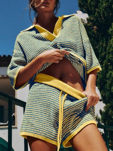 Image of Tankaneo Womens Sweater Set 2 Piece Outfits Oversized 3 /4 Sleeve V Neck Knit Tops High Waisted Shorts Lounge Sets