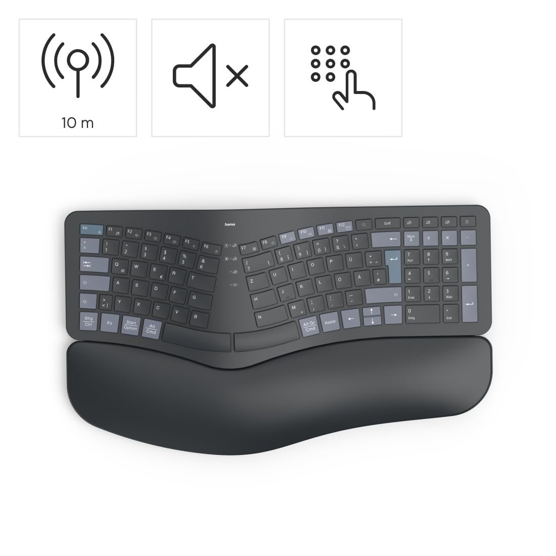 Hama ergonomische Tastatur kabellos, Multi-Device 1x Funk, 2X Bluetooth | Keyboard schwarz, geschwungene Form, geteiltes Tastenfeld, anpassbarer Tippwinkel, Handballenauflage, QWERTZ DE