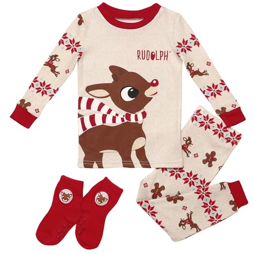Baby Starters 3-Piece Snug Fit Boys Christmas Pajamas with Rudolph and Appliqued Socks (Rudolph Tan with Red Fair Isle 3T)