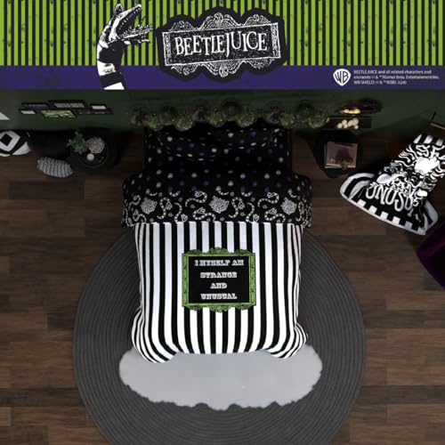 Image of Franco Collectibles Beetlejuice Halloween Striped Bedding 5 Piece Super Soft Reversible Comforter and Sheet Set, Full, (Officially Licensed Product)